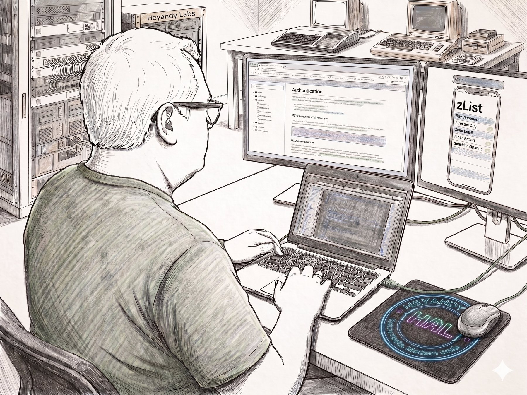 Illustration of a developer at a workstation flanked by a vintage server rack and retro 8-bit computers on one side and modern laptops, monitors, and a phone on the other — retro roots meeting modern code.